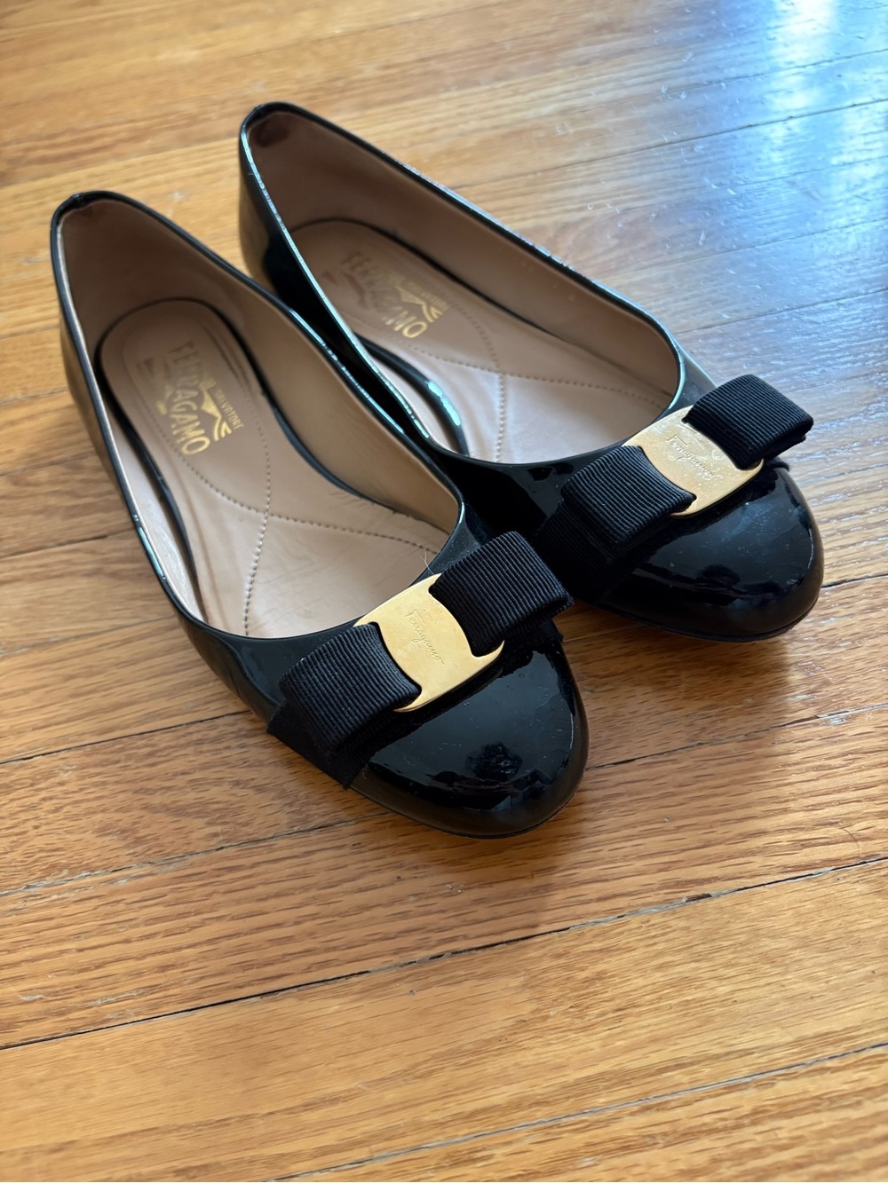 Salvatore Ferragamo Black Patent Vara Bow Flats with Gold Plate